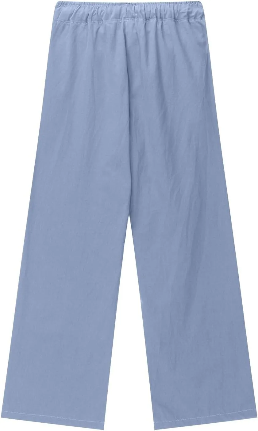 Teen Girls Casual Cotton Linen Pants Lightweight Summer Wide Leg Pant Loose Elastic Waist Plus Size Lounge Long Trousers