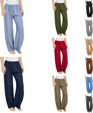 Teen Girls Casual Cotton Linen Pants Lightweight Summer Wide Leg Pant Loose Elastic Waist Plus Size Lounge Long Trousers