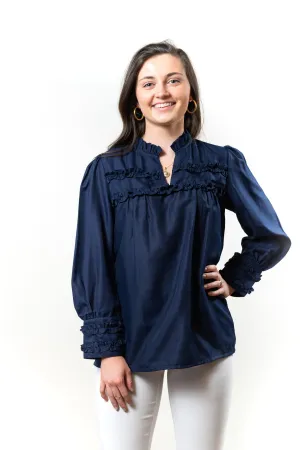 The Hillary Ruffle Trim Top in Navy