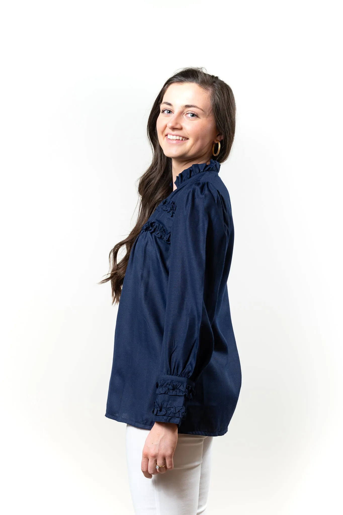 The Hillary Ruffle Trim Top in Navy
