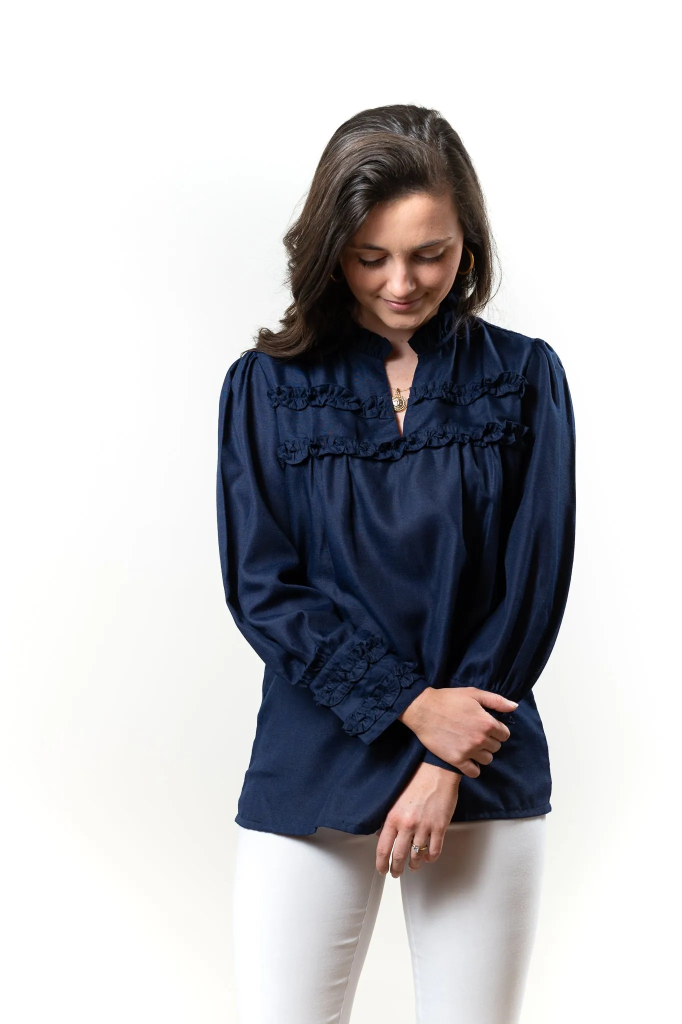 The Hillary Ruffle Trim Top in Navy