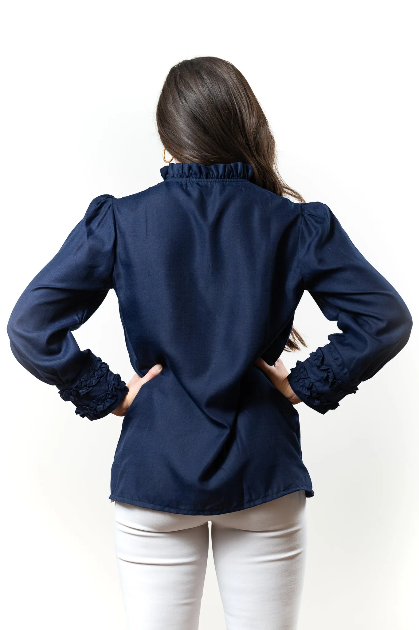 The Hillary Ruffle Trim Top in Navy