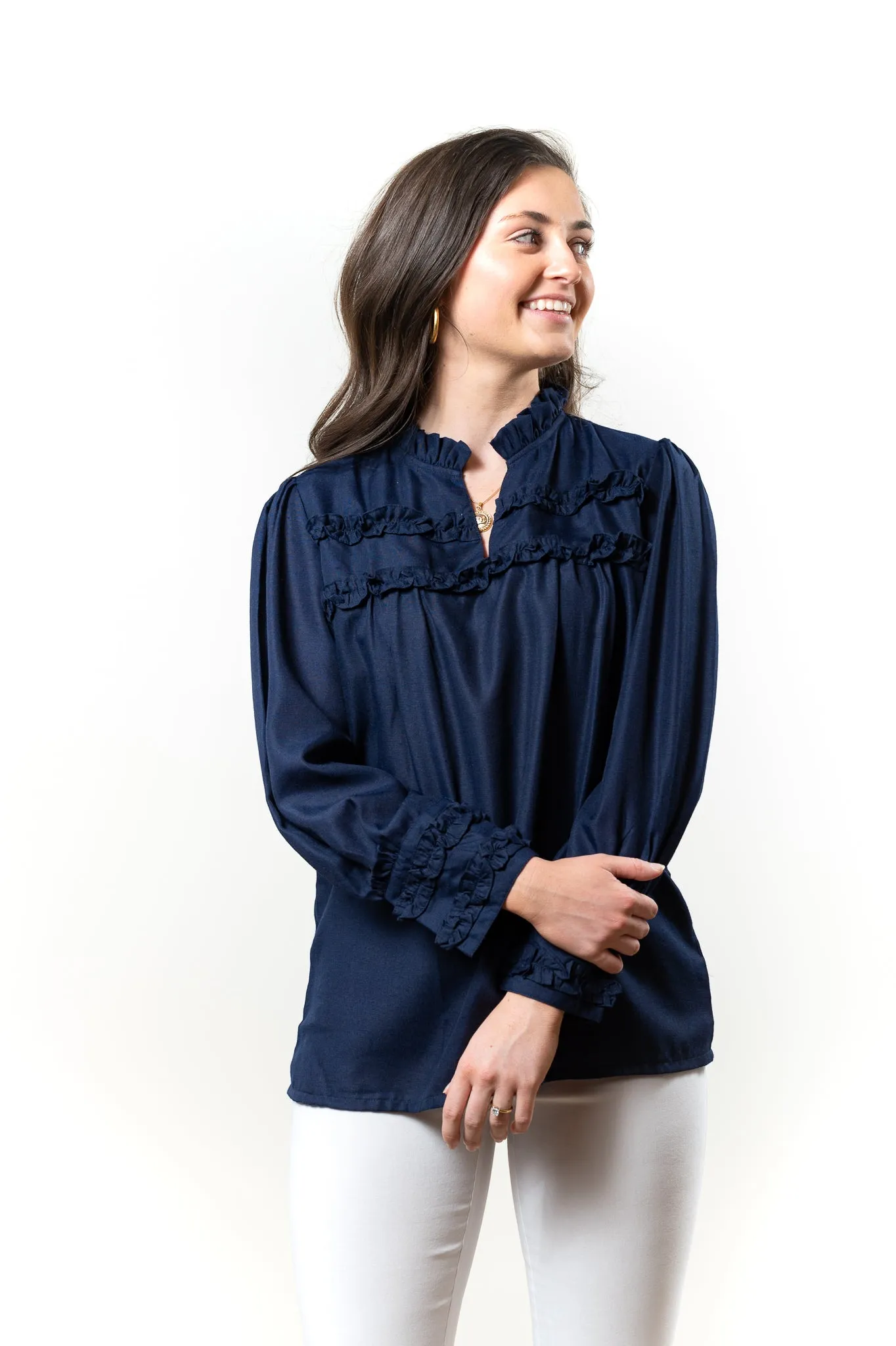 The Hillary Ruffle Trim Top in Navy