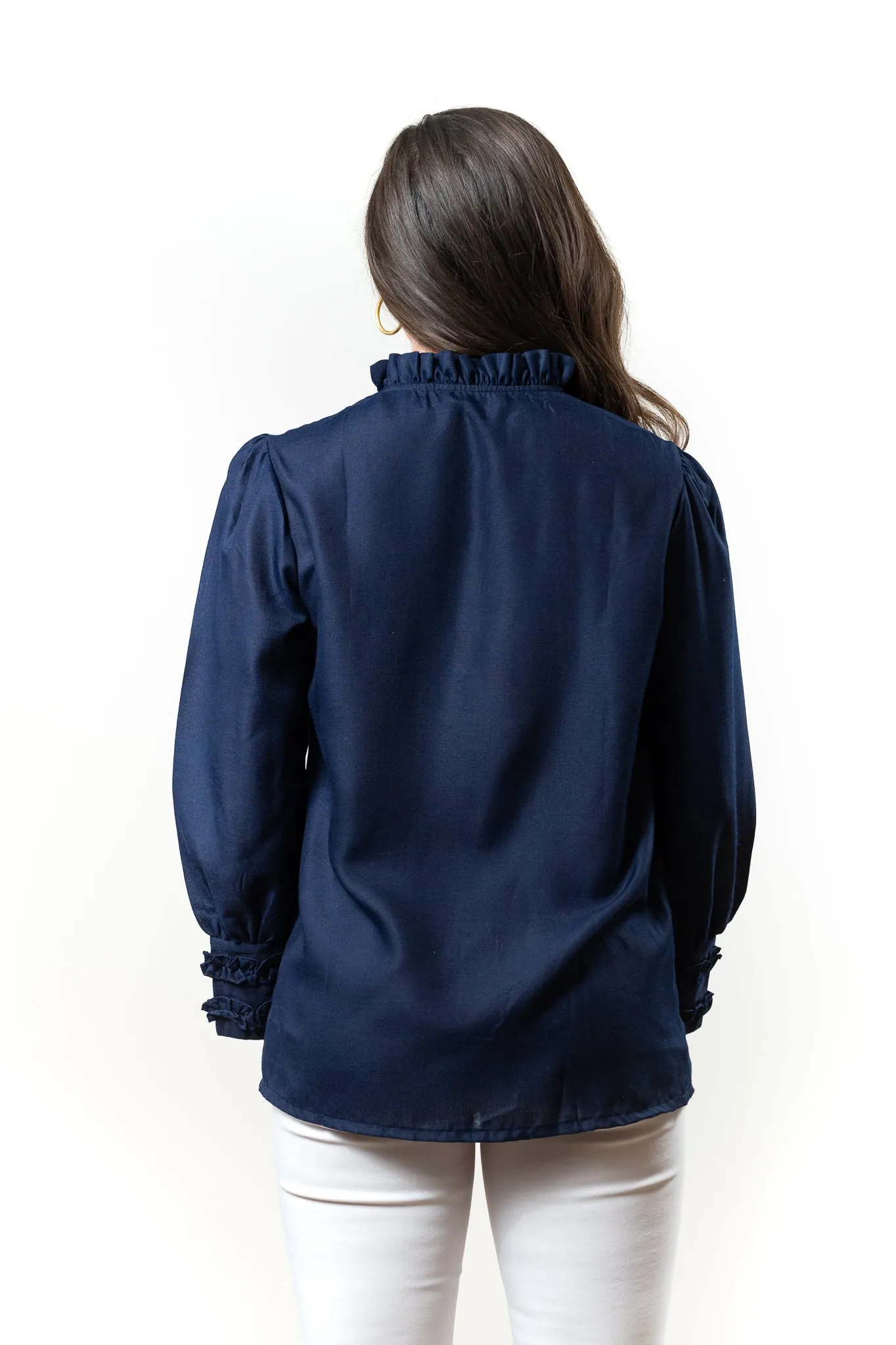 The Hillary Ruffle Trim Top in Navy