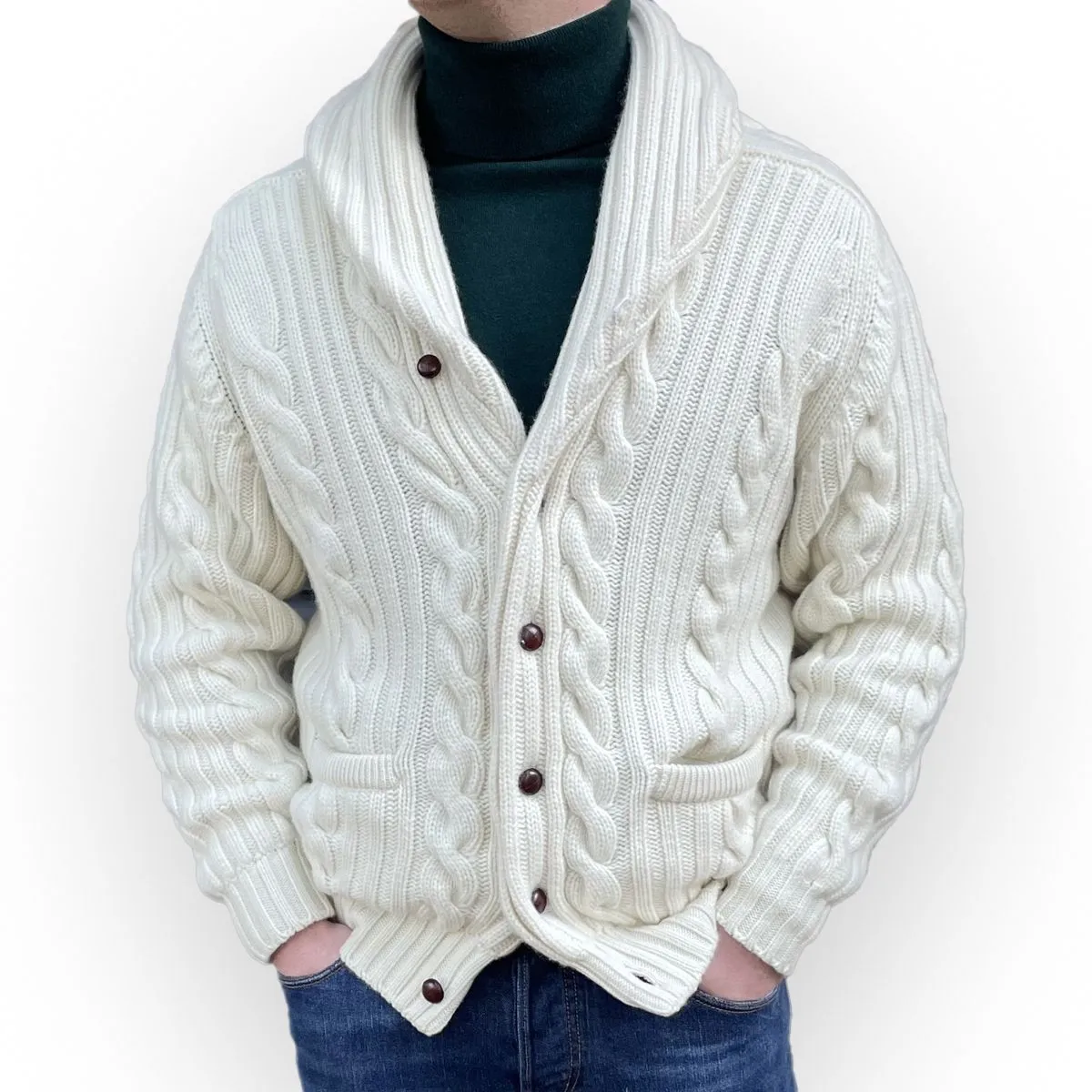 White Undyed Balmour 8Ply Shawl Collar Cable Cashmere Cardigan