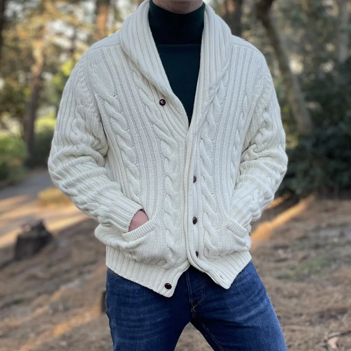 White Undyed Balmour 8Ply Shawl Collar Cable Cashmere Cardigan