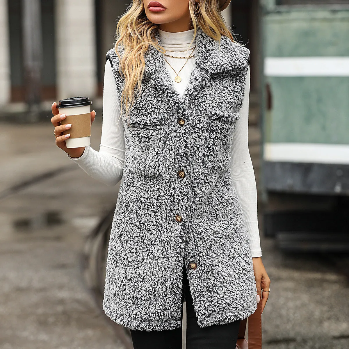 Winter Lapel Sleeveless Casual Bubble Fleece Cardigan Vest Wholesale Womens Clothing N3823111600016