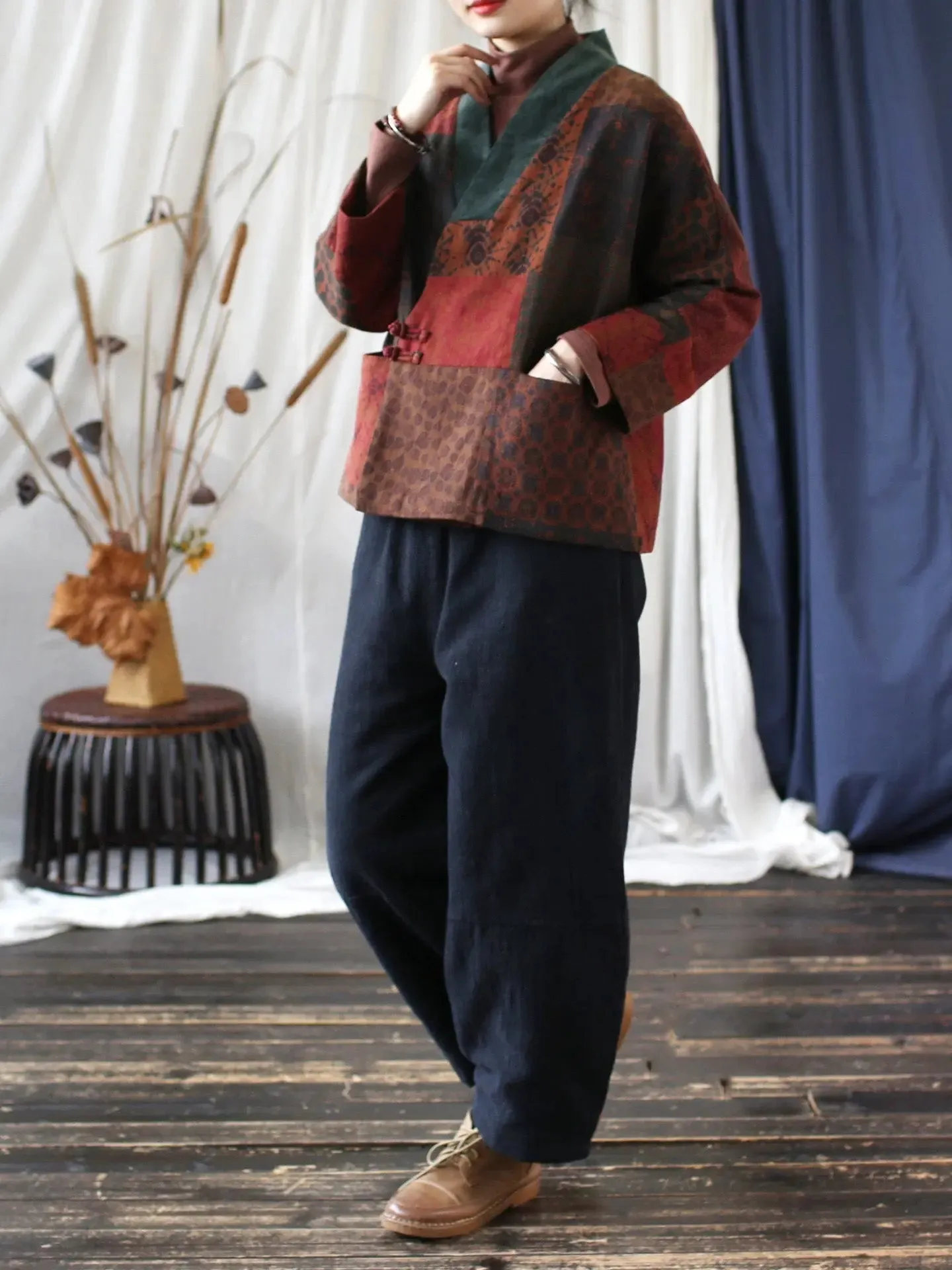 Women Floral Spliced Padded Coat