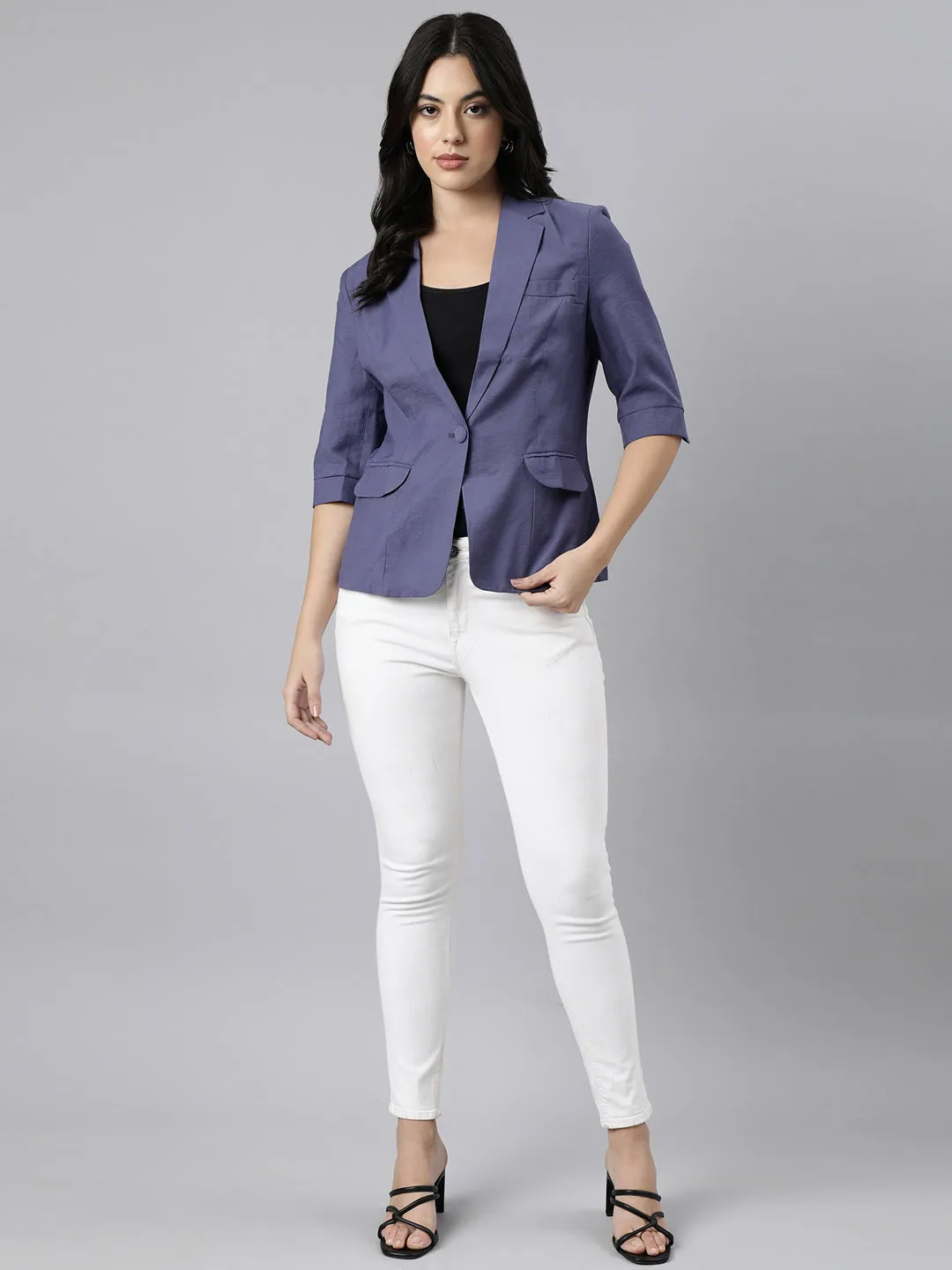 Women Violet Notched Lapel Collar Single Breasted Slim-Fit Blazer