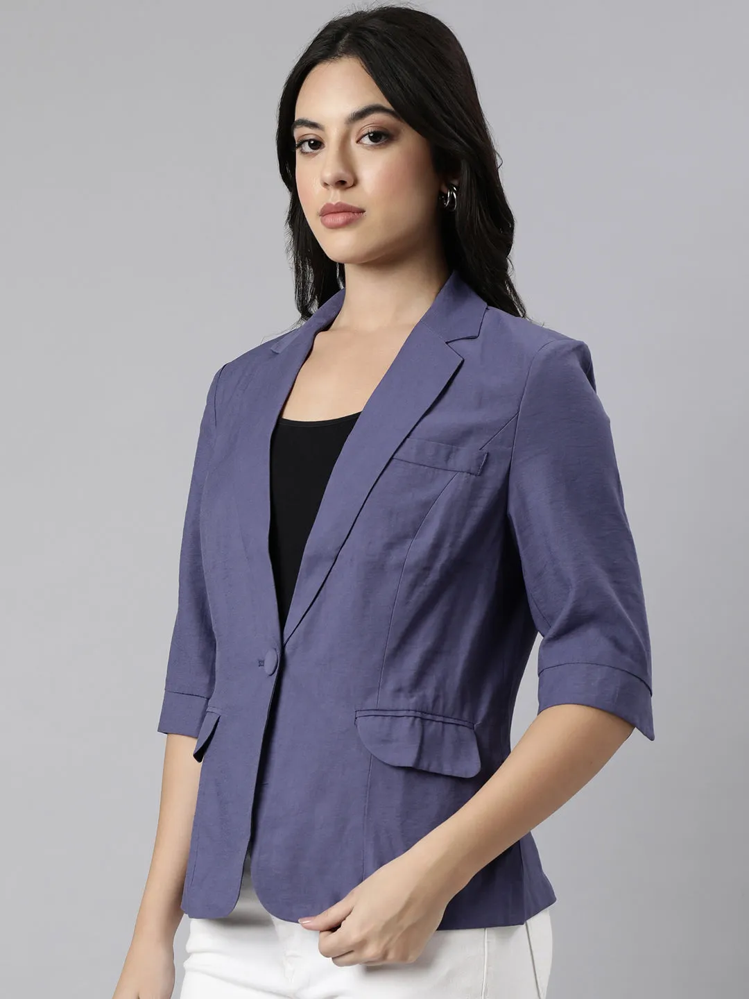 Women Violet Notched Lapel Collar Single Breasted Slim-Fit Blazer