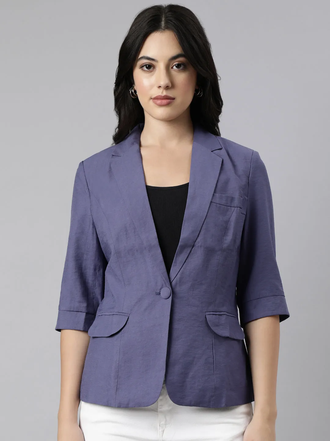 Women Violet Notched Lapel Collar Single Breasted Slim-Fit Blazer