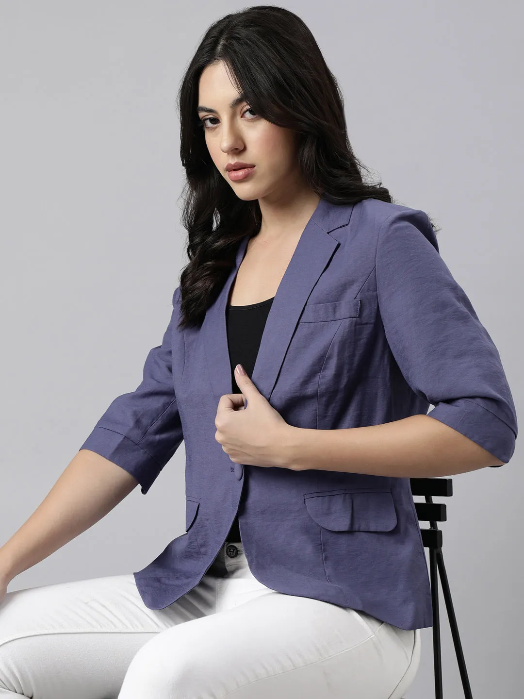 Women Violet Notched Lapel Collar Single Breasted Slim-Fit Blazer
