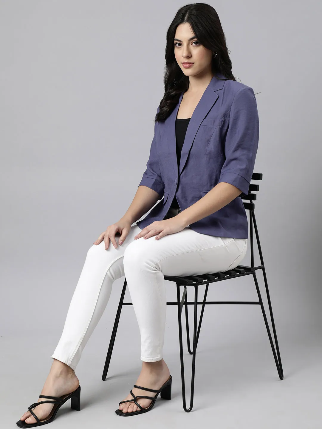 Women Violet Notched Lapel Collar Single Breasted Slim-Fit Blazer