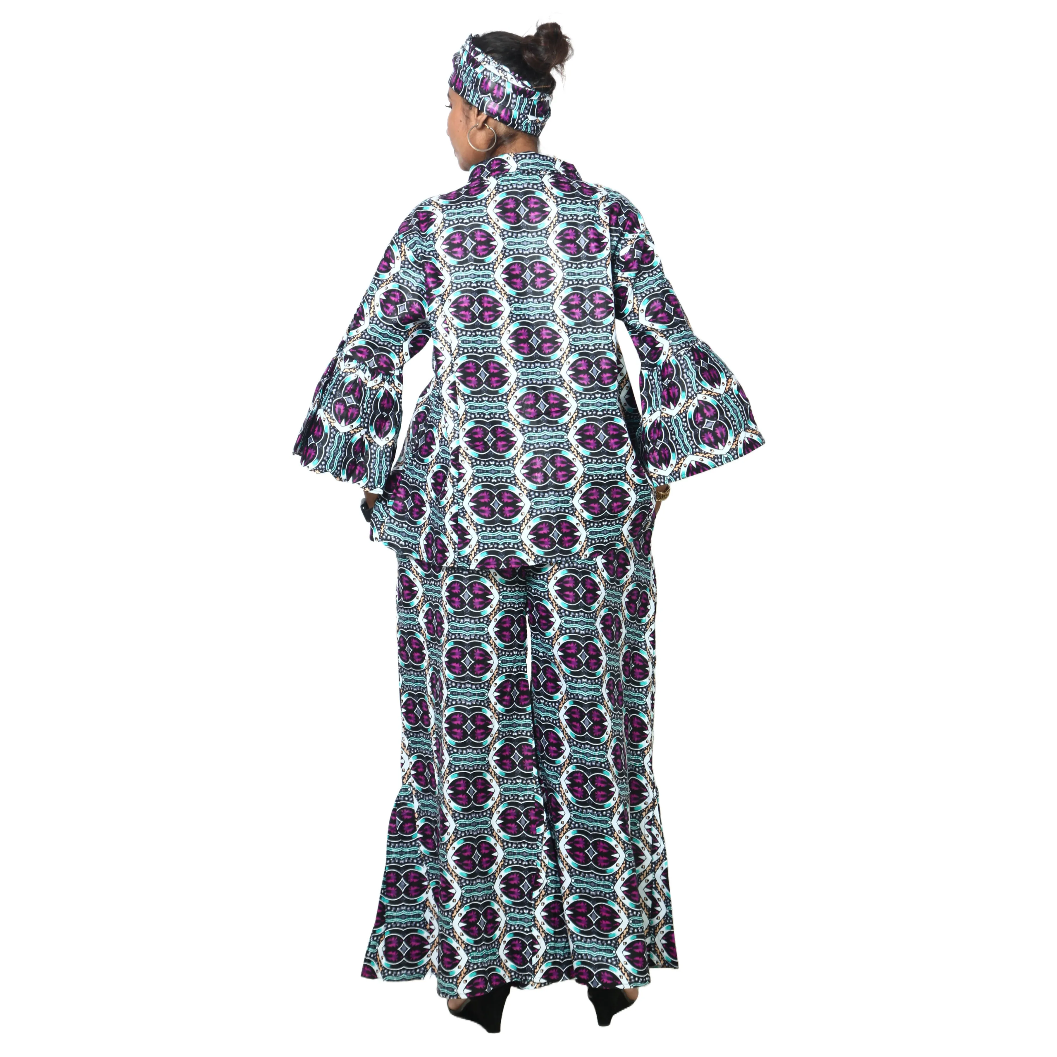Women's Button Down Top and Palazzo Pants Set -- FI-4050 Print