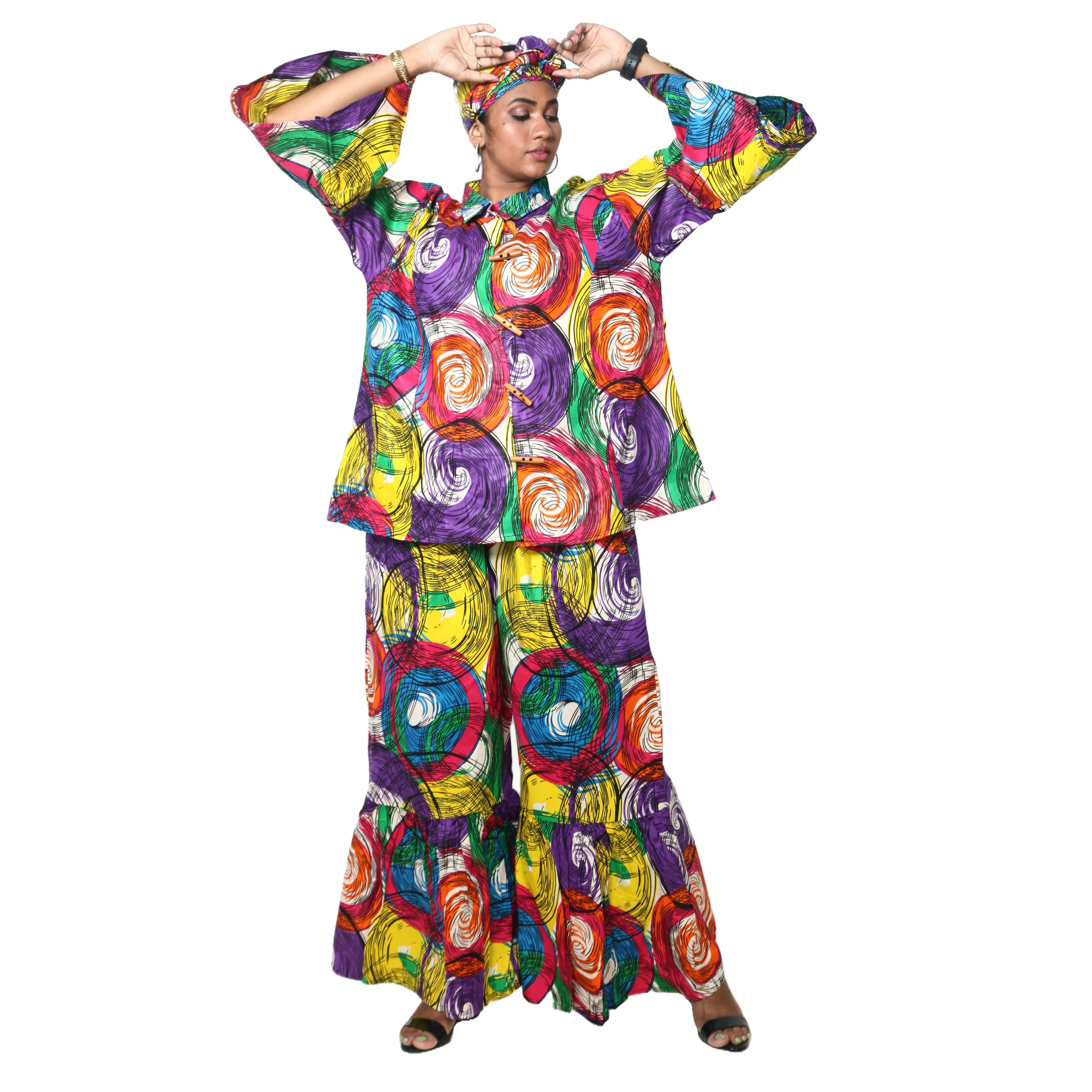 Women's Button Down Top and Palazzo Pants Set -- FI-4050 Print