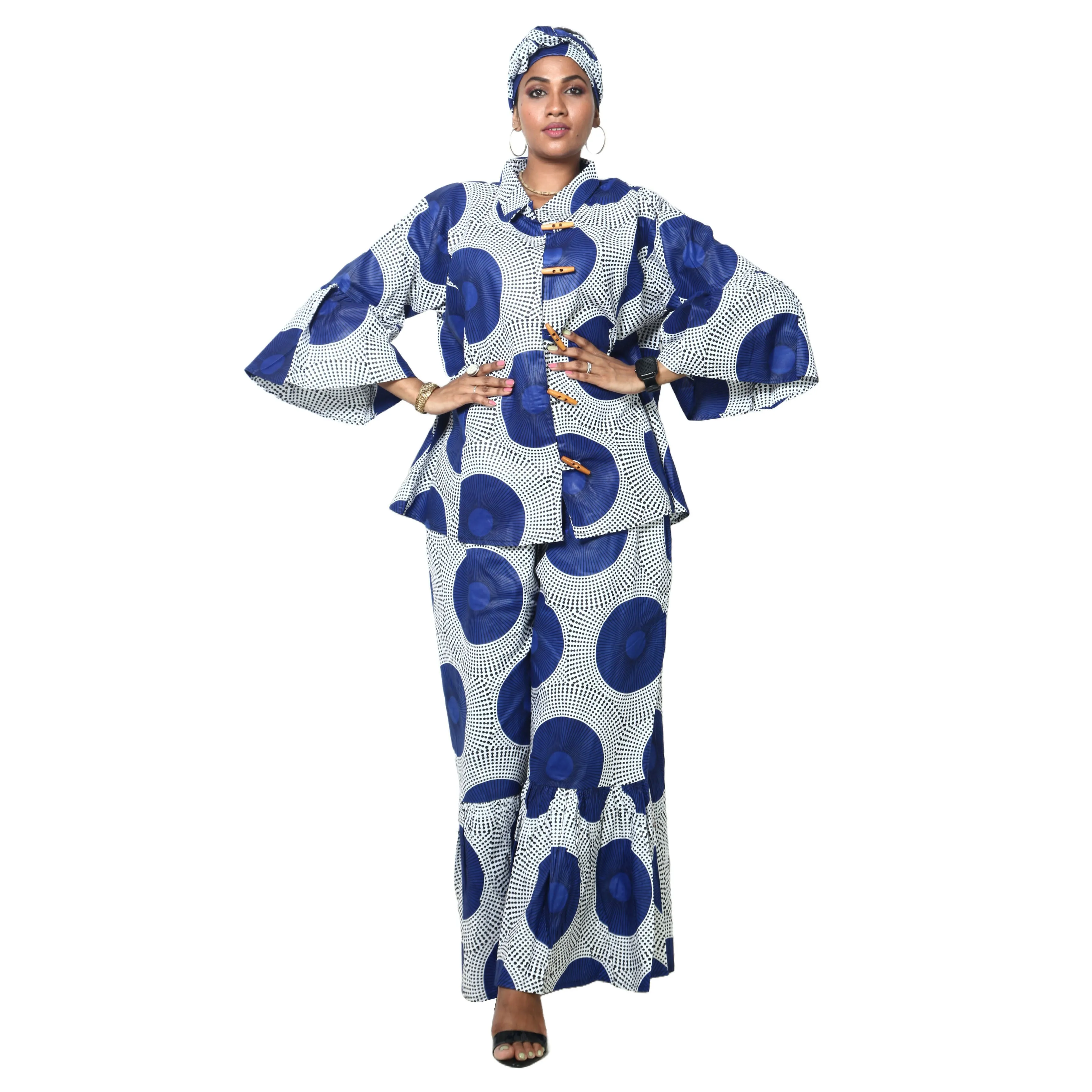 Women's Button Down Top and Palazzo Pants Set -- FI-4050 Print