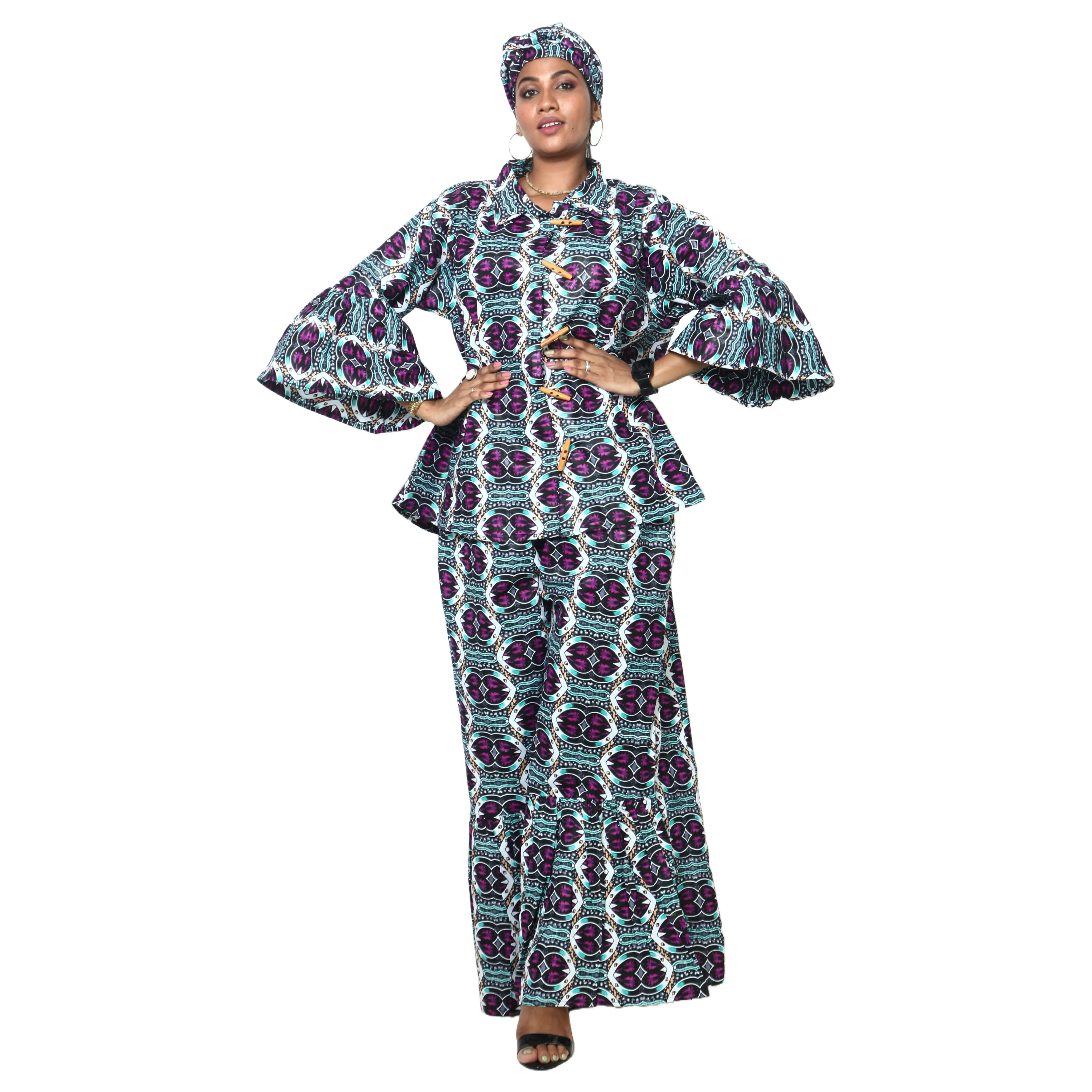 Women's Button Down Top and Palazzo Pants Set -- FI-4050 Print