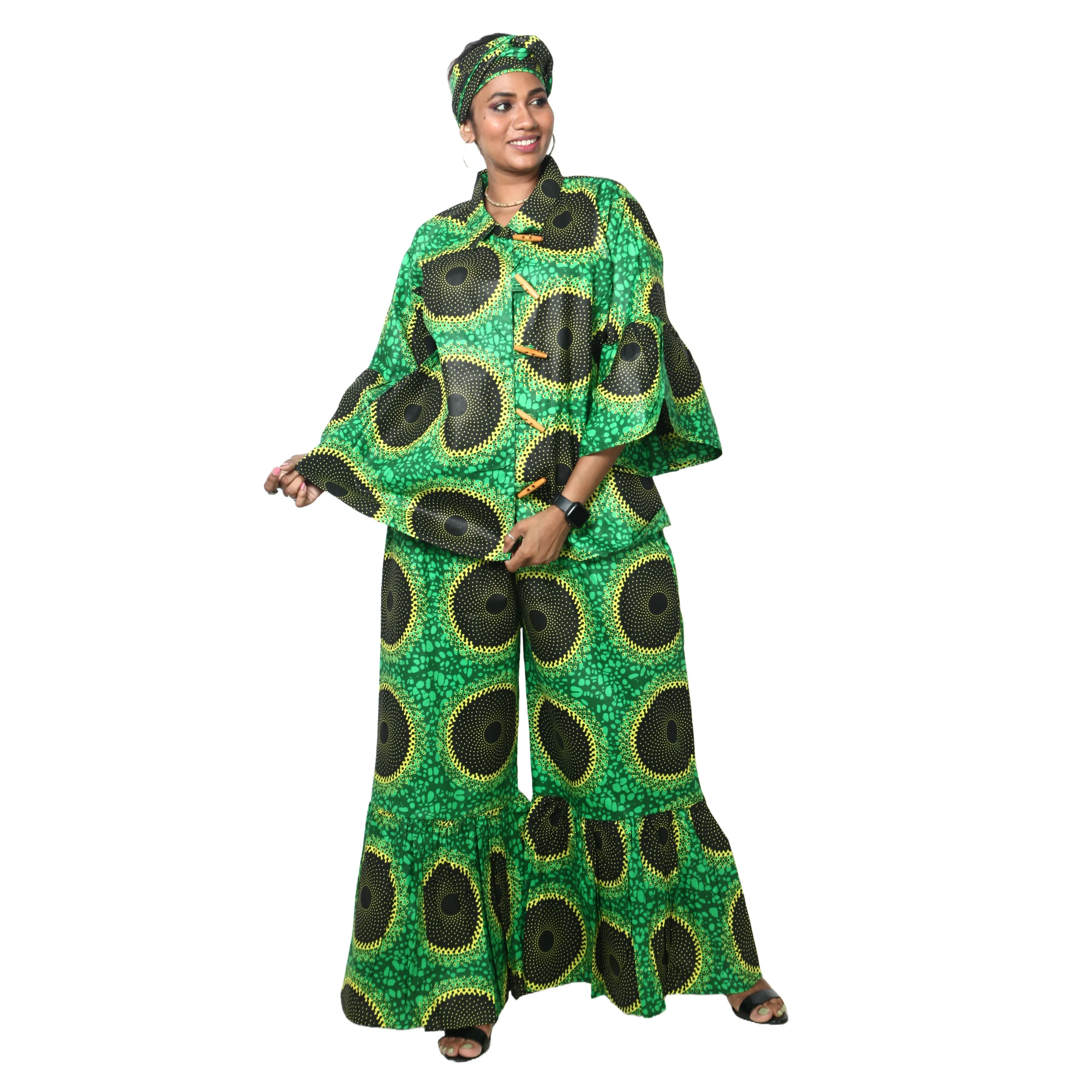 Women's Button Down Top and Palazzo Pants Set -- FI-4050 Print
