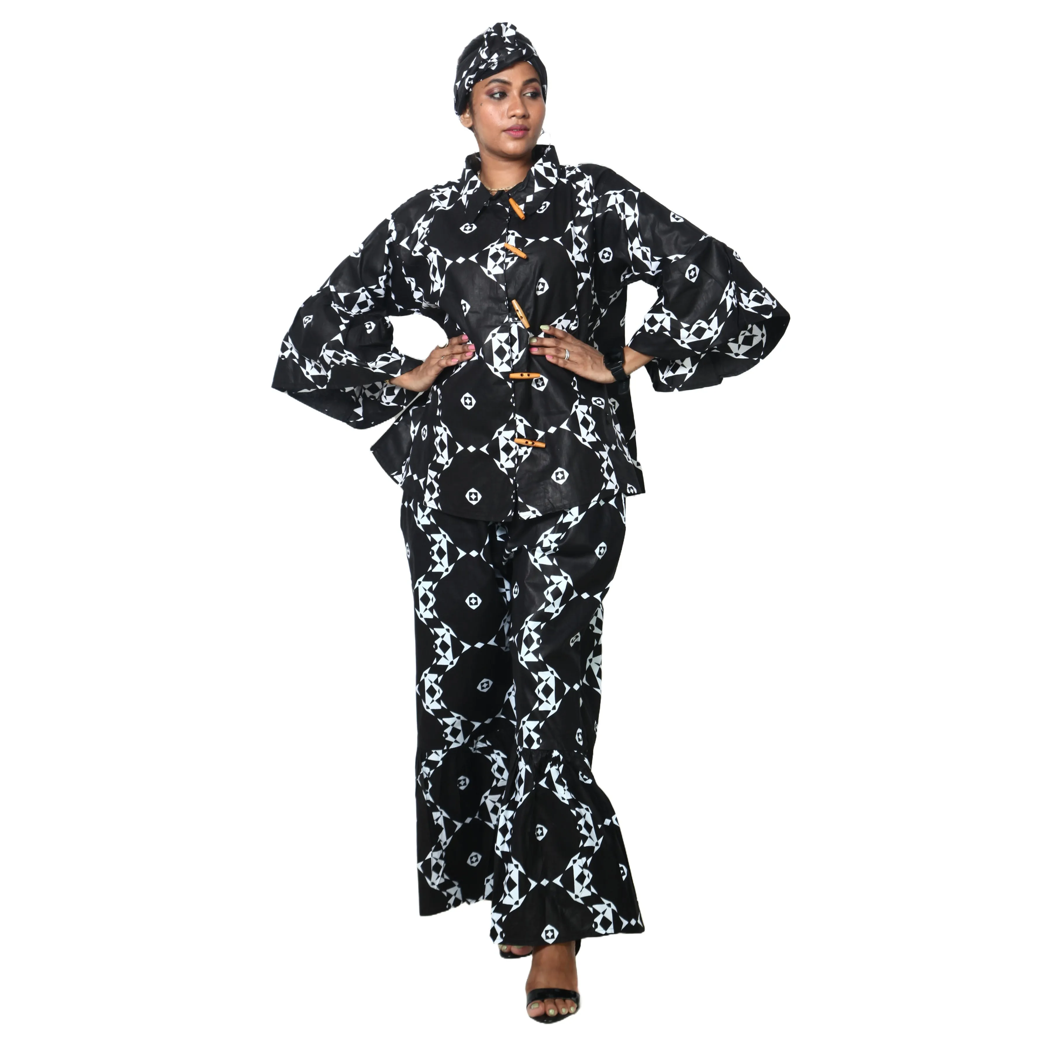 Women's Button Down Top and Palazzo Pants Set -- FI-4050 Print