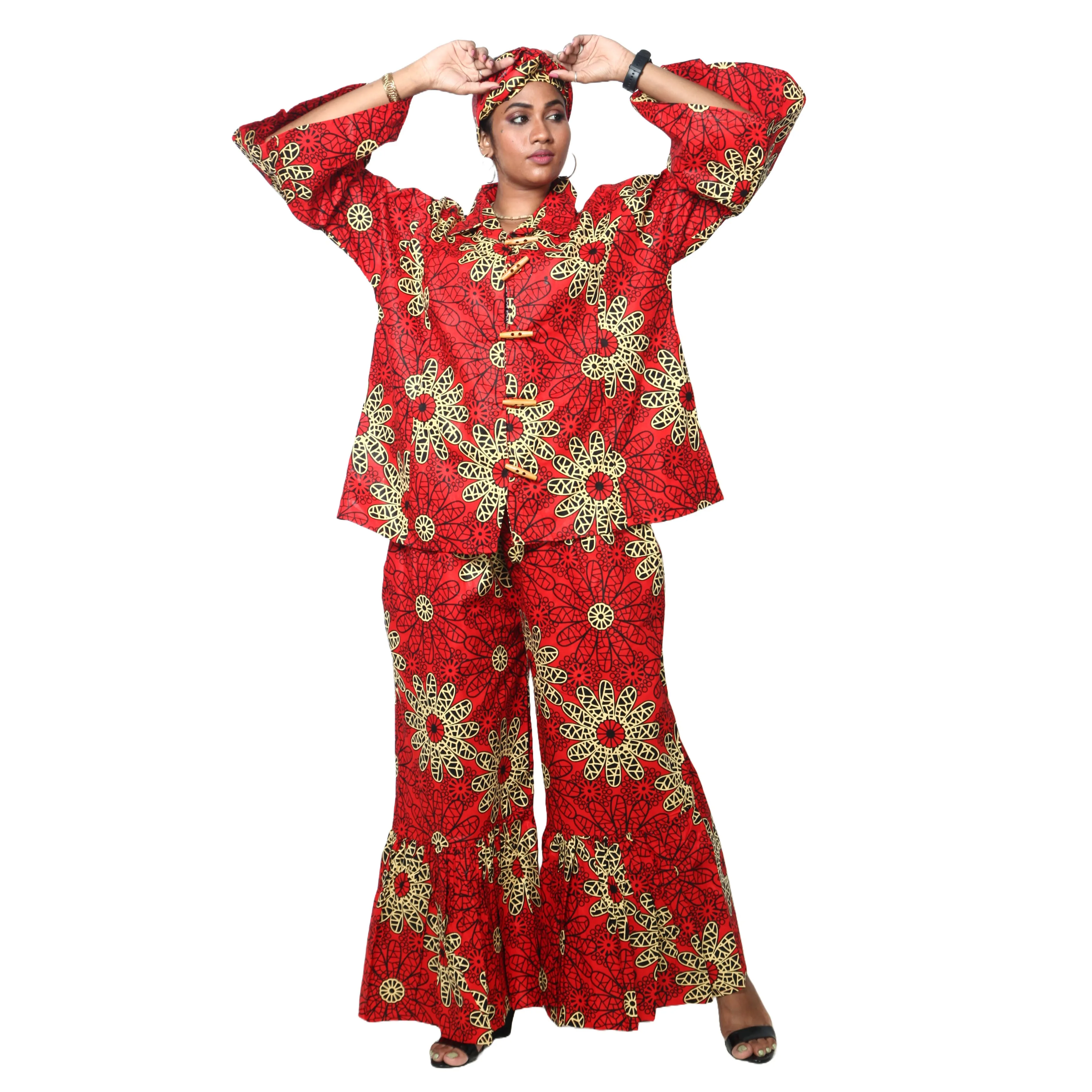 Women's Button Down Top and Palazzo Pants Set -- FI-4050 Print