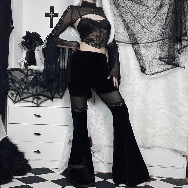Women's Gothic Black Mesh Patchwork Flared Pants