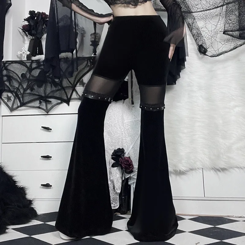 Women's Gothic Black Mesh Patchwork Flared Pants
