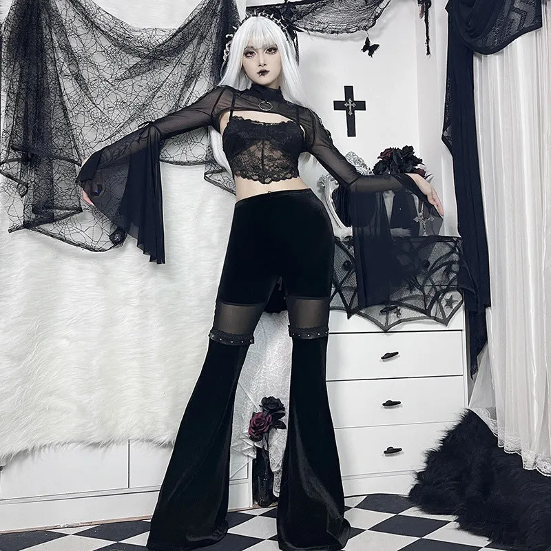 Women's Gothic Black Mesh Patchwork Flared Pants