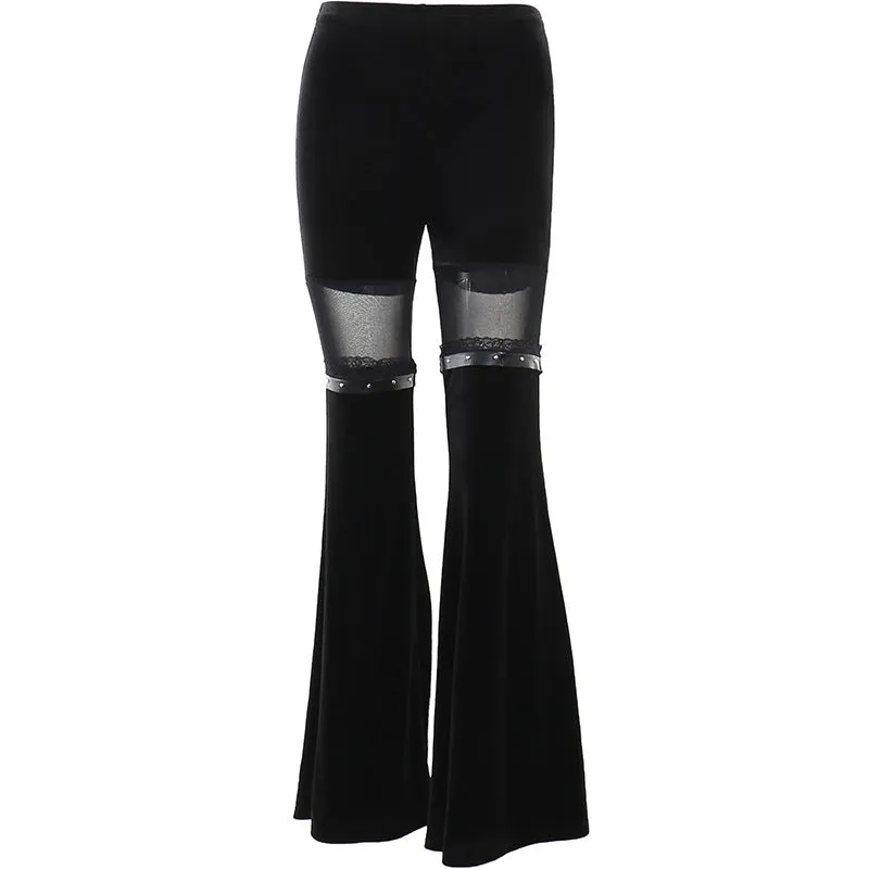 Women's Gothic Black Mesh Patchwork Flared Pants