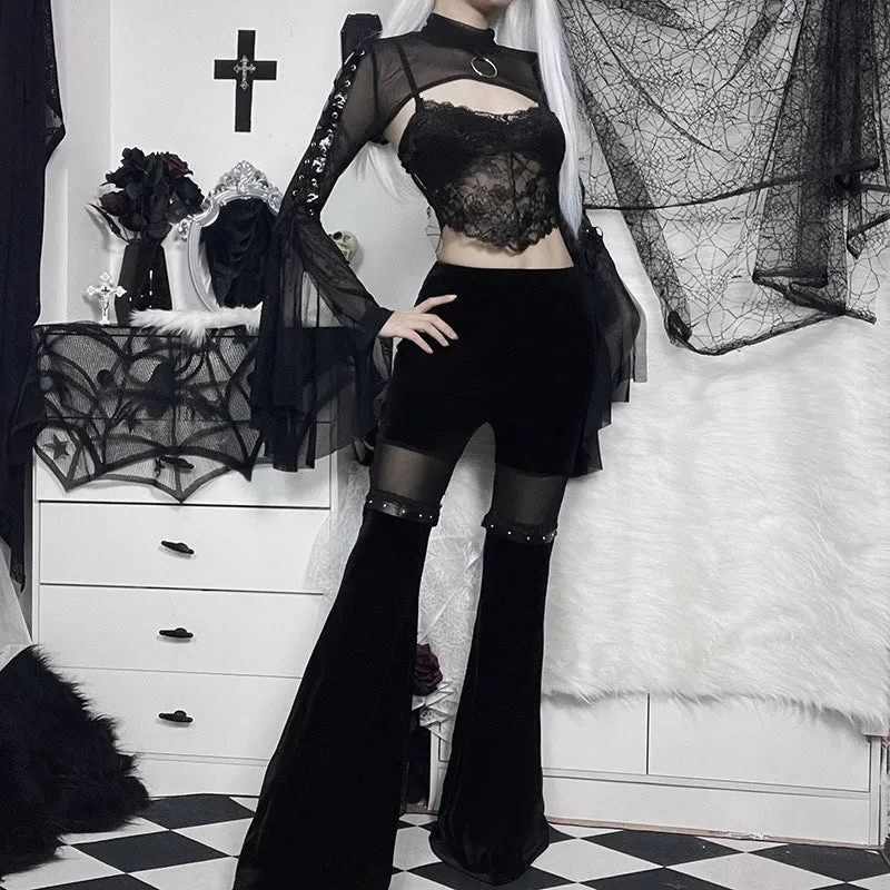 Women's Gothic Black Mesh Patchwork Flared Pants