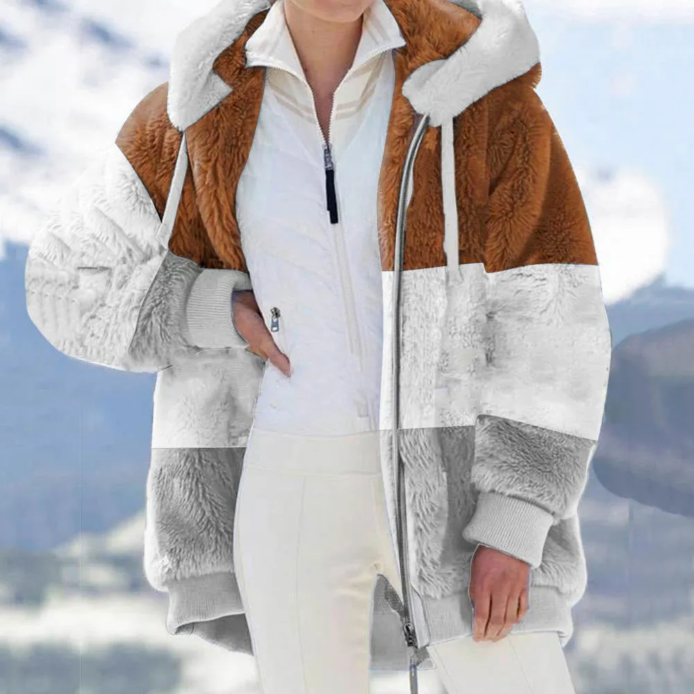 Women'S Plush Patchwork Zipper Hooded Loose Jacket Wholesale Coats