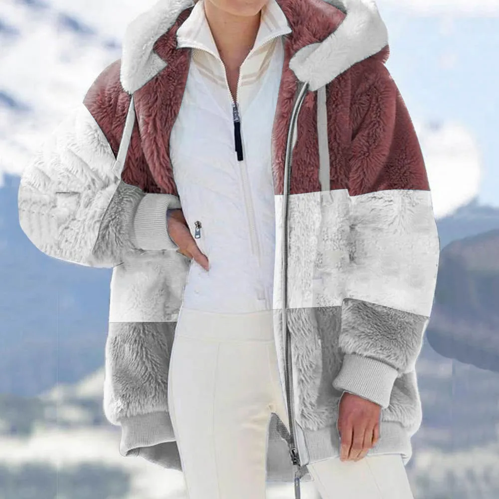 Women'S Plush Patchwork Zipper Hooded Loose Jacket Wholesale Coats