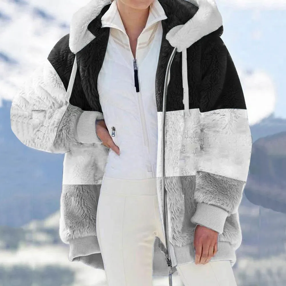 Women'S Plush Patchwork Zipper Hooded Loose Jacket Wholesale Coats