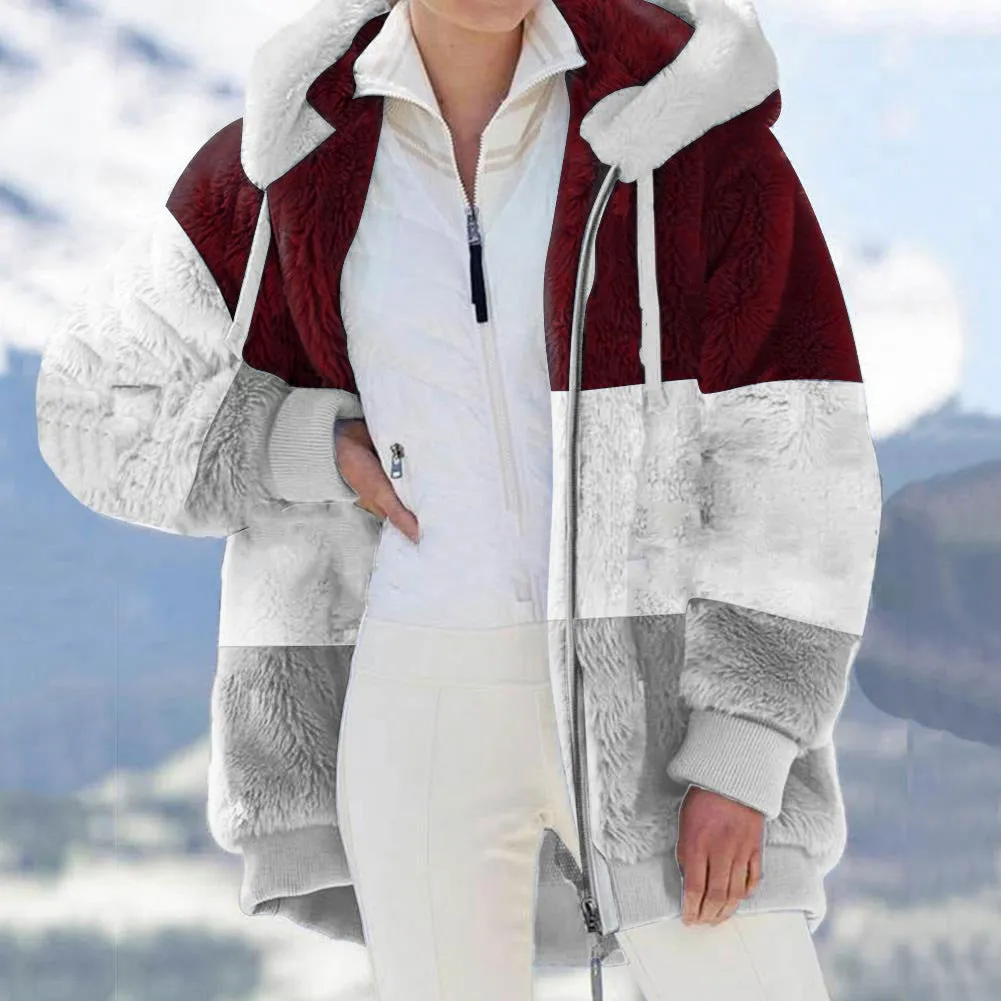 Women'S Plush Patchwork Zipper Hooded Loose Jacket Wholesale Coats