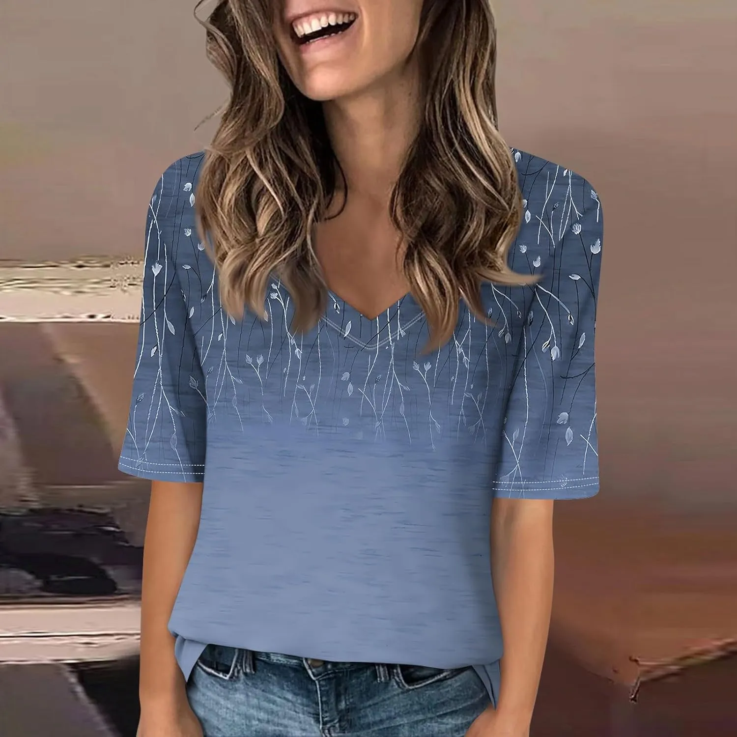 Womens Tops Half Sleeve Tops for Women Women's V Neck T Shirts Trendy Casual Print Pullover Summer Tees