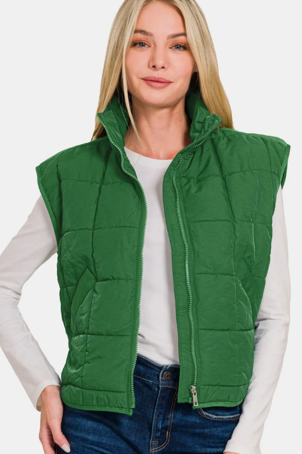 Zenana Dark Green Zip Up Cropped Puffer Vest with Pockets
