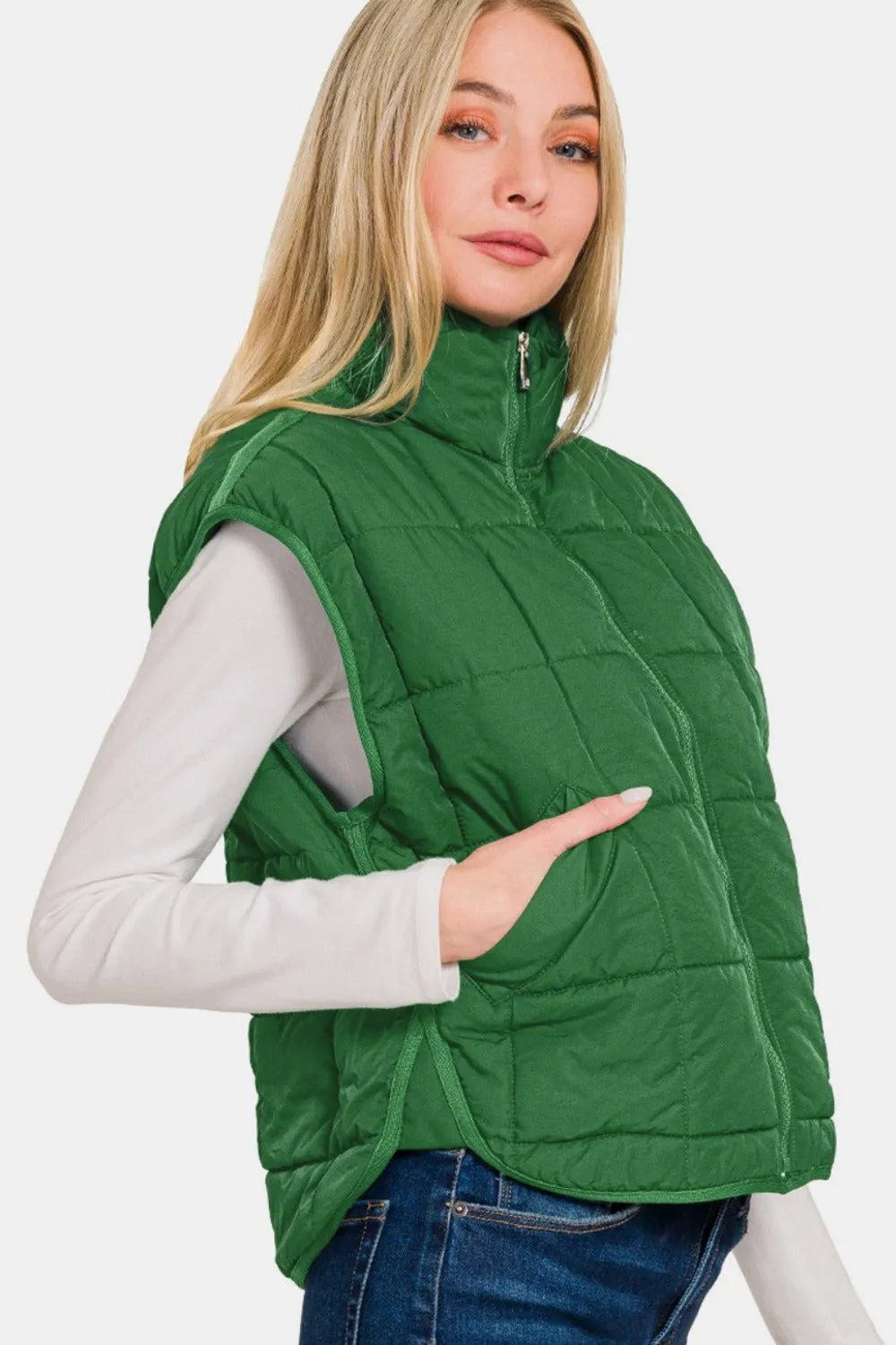 Zenana Dark Green Zip Up Cropped Puffer Vest with Pockets