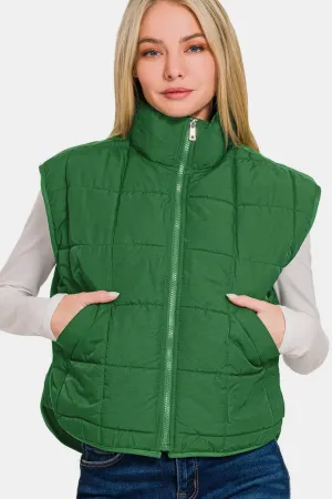 Zenana Dark Green Zip Up Cropped Puffer Vest with Pockets